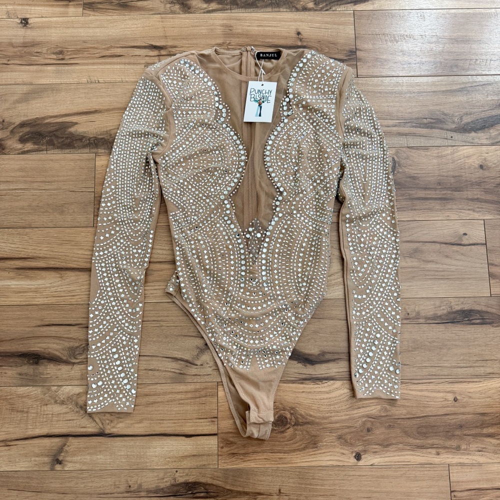 Elegant Tan Rhinestone Bodysuit